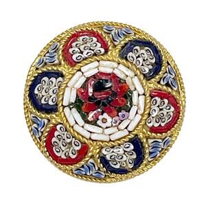 Vintage Micro Mosaic Booch Pin Made in Italy Round Gold Tone Back 1" Excellent